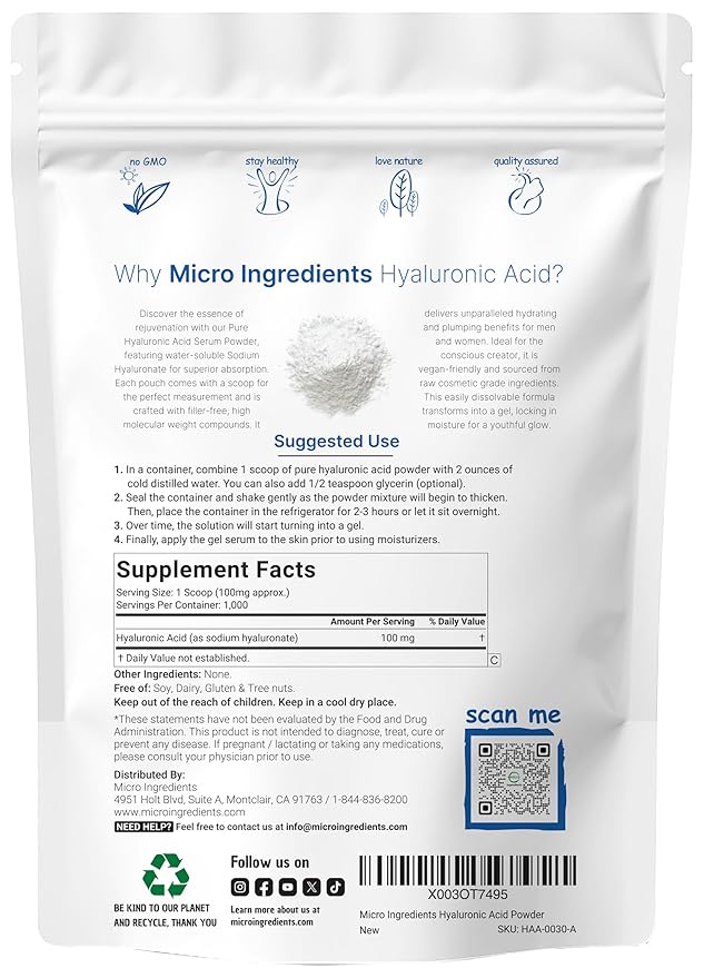 Hyaluronic Acid Serum Powder, 100 Grams | Low Molecular Weight, Cosmetics Grade | Skin Hydration and Moisture Support Supplements | Vegan, Water Soluble (Within 2 Hours)