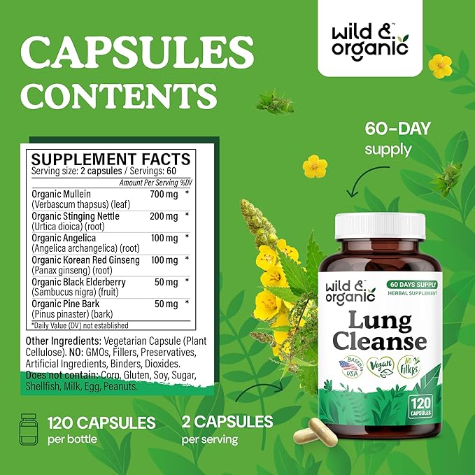 Wild & Organic Lung Cleanse Capsules - Lung Support Supplement with Mullein Leaf, Stinging Nettle, Angelica & Korean Panax Ginseng Powder - Vegan, No Fillers, Non-GMO - 120 Count