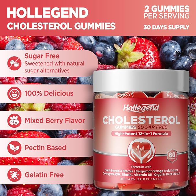 Cholesterol Gummies Sugar-Free,12-in-1 Cholesterol Supplements with Plant Sterols,Citrus Bergamot,CoQ10 and Vitamins for Cholesterol Health, Vegan, Mixed Berry Flavor, 60 Counts