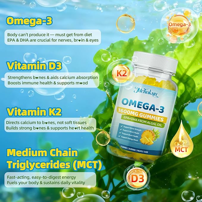 Vegan Omega-3 Gummies 1600mg EPA & DHA from Algal Oil, Fish Oil Alternative for Adults & Kids, Omega 3 Supplement with Vitamin D3 K2 for Brain, Eye & Immune Health Sugar Free Pineapple, 120 Count