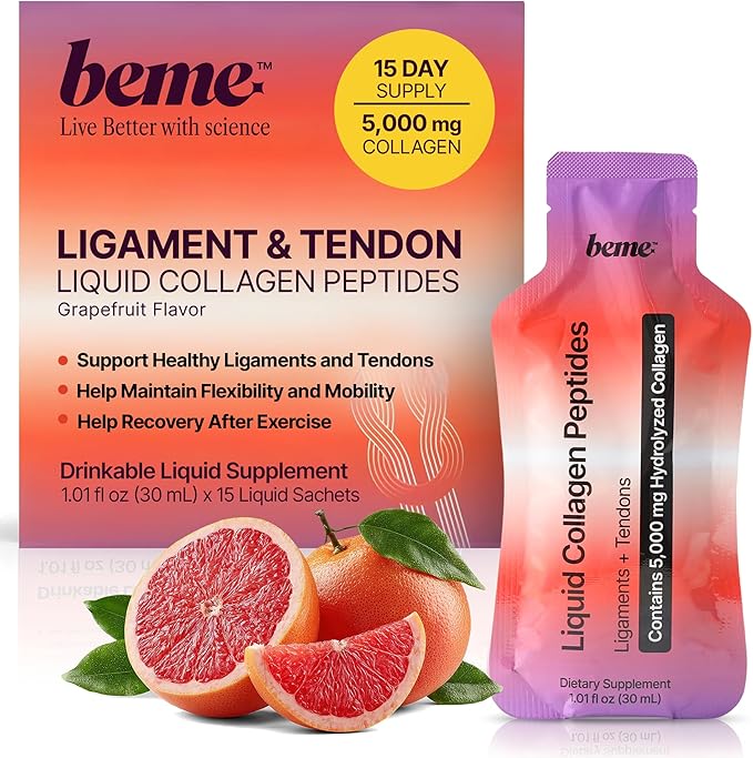 BeMe Liquid Collagen Peptides - Tendon & Ligament Supplements for Injury Prevention & Tissue Repair. Liquid Shots with TENDOFORTE for Active Recovery, Gym Performance Athletes - 15 Grapefruit Sachets