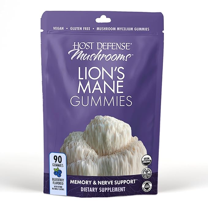 Host Defense Mushrooms Lion's Mane Gummies - Brain Health Support - Mushroom Supplement to Support Focus & Memory Function - Immune & Nervous System Support - Blueberry, 90 Gummies*