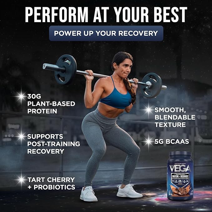 Vega Sport Vegan Protein Powder + Recovery - 30g Plant Based Protein per Serving, Mocha, 19 Servings, 5g BCAAs, Probiotics, NSF Certified, for Shakes & Smoothies, 1.8lbs (Packaging May Vary)