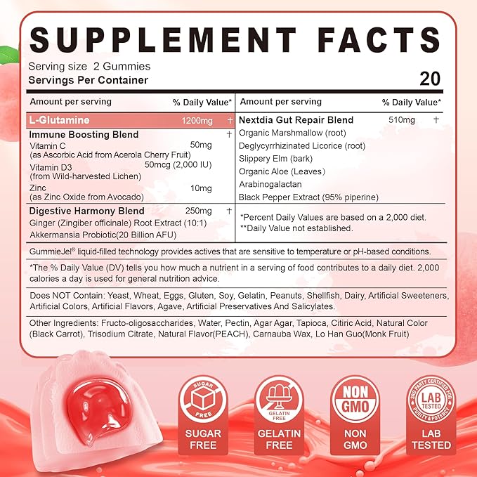 L-Glutamine 1200mg Gut & Immune Support Gummies,Leaky Gut Repair Supplement with Slippery Elm,Marshmallow Root,Ginger Root,Arabinogalactan,Organic Aloe,Vitamin C,Vitamin D3,Zinc,Sugar-Free | 60 Count