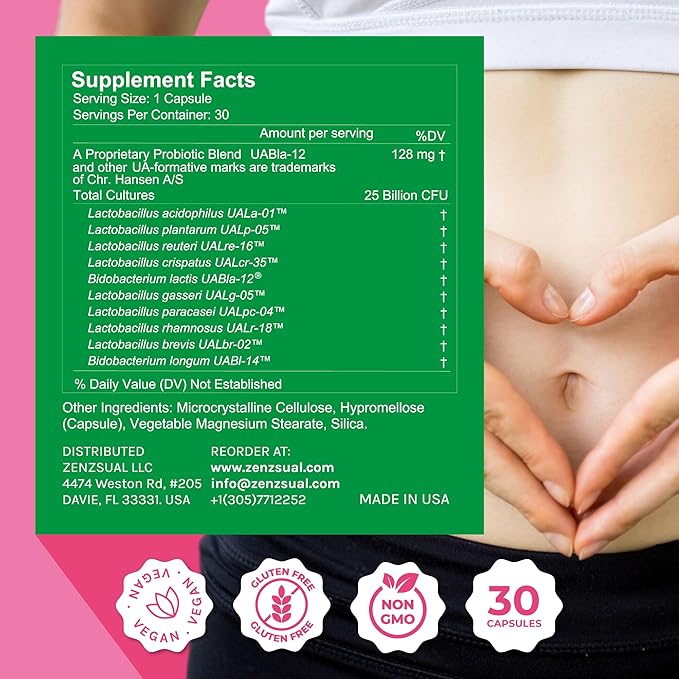 ZENZSUAL Zenbiotic Probiotics Support for Women – 25 Billion CFU, Vaginal Health & pH Balance Support, Odor & Yeast Control, Gut & Digestive Health, Urinary Comfort, Hormone Balance, 30 Vegan Capsules