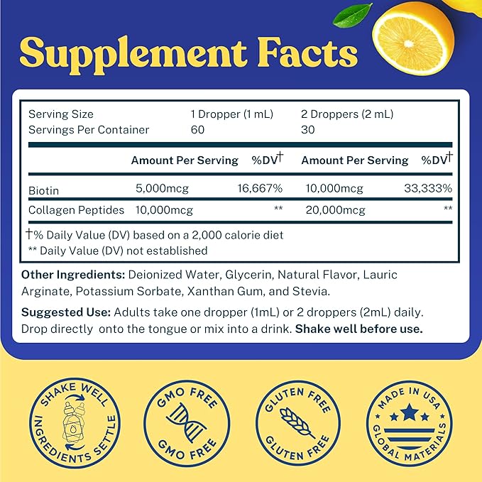Liquid Collagen for Women and Men with Biotin - 30,000mcg Hydrolyzed Collagen Liquid Peptides Supplement plus Biotin for Hair, Skin, Nail Support - Sublingual Drops or in Drinks - Natural Lemon, 2 oz