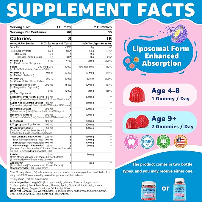 Saffron + Magnesium Glycinate+ Omega-3 - Calm Focus Gummies for Kids 4+, Saffron Extract Supplement with L-Theanine, Holy Basil, Rosemary, B6, B9, B12, D3 for Happy Mood, Cognition, ZZz, Sugar Free