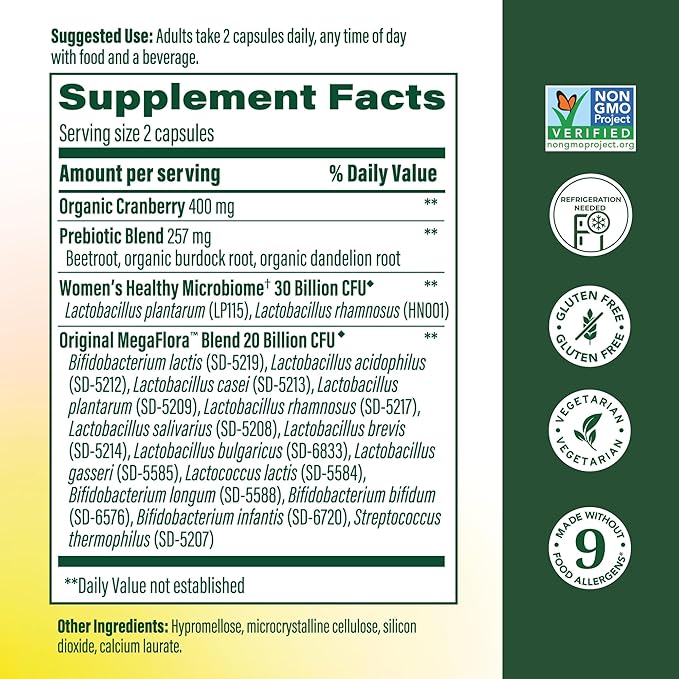 MegaFood MegaFlora Probiotics and Prebiotics for Women with 14 Strains & 50 Billion CFUs, Cranberry, Digestive Health, Vegetarian, Prebiotics and Probiotics for Women - 90 Capsules (45 Servings)