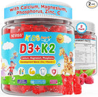 Vitamin D3 K2 Gummies for Kids + Calcium, Magnesium, Zinc, Phosphorus, Vitamin C, Kids Multivitamin D3 & K2 Supplement for Bone Health, Calcium Absorption, Focus & Immunity, Non GMO, Sugar Free, 2Pack