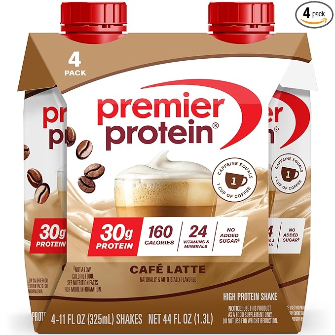 Premier Protein Shake, Café Latte with Caffeine for Energy – 30g Protein, No Added Sugar, 24 Vitamins & Minerals to Support Immune Health, 11 fl oz, 4 Pack