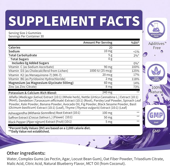 2 Pack Potassium Magnesium Gummies, Sugar-Free Potassium Gummies with Magnesium Glycinate 500mg Chewable Potassium Magnesium Supplements with Calcium, Zinc & Vitamins to Support Leg Muscle Relaxation