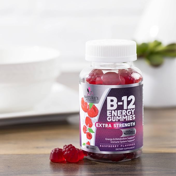 B12 Energy Gummies - 4500 mcg Vitamin B12 Per Serving - Extra Strength Chewable B12 Supplement for Energy, Metabolism & Immune Support - For Women, Men & Kids - Natural & Berry Flavored - 60 Gummies