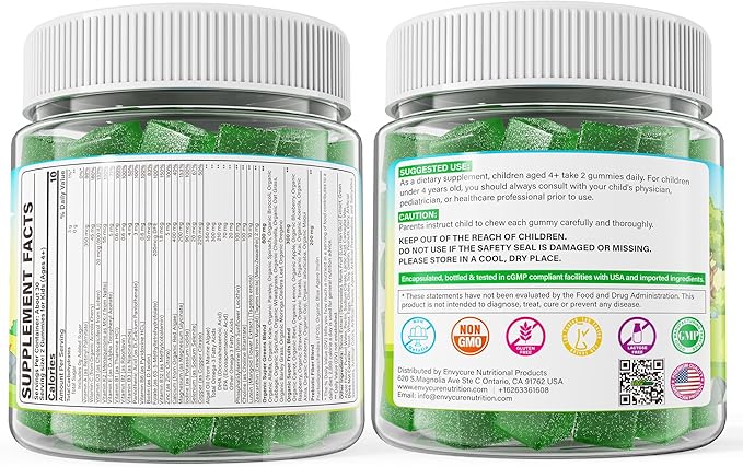 Kids Super Greens Gummies, w/Multivitamins, 20+ Veggie Fruit, Prebiotics, Calcium, Omega-3 (DHA/EPA), Kids Vitamins Greens Superfood Gummies for Picky Eaters Growth, Energy, Immune, Digestion, 2 Pack