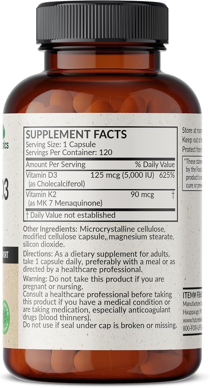 Futurebiotics Vitamin K2 (MK7) with D3 Supplement - Non-GMO Formula - 5000 IU Vitamin D3 & 90 mcg Vitamin K2 MK-7, 120 Vegetarian Capsules