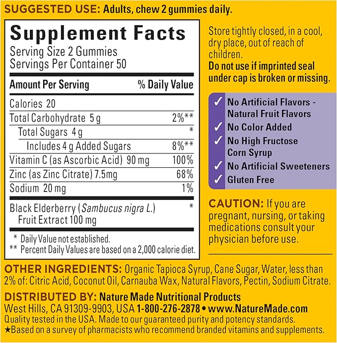 Nature Made Elderberry Gummies with Vitamin C and Zinc, Dietary Supplement for Immune Support, 100 Elderberry Gummies, 50-Day Supply