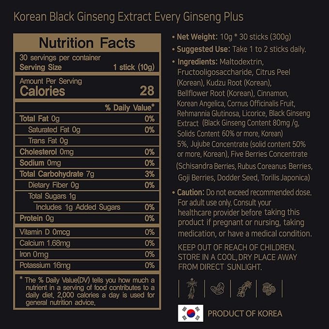 GeumHeuk Korean Black Ginseng Extract Every Ginseng Plus. 10g X 30 Stick Pouches. Immune Support, Energy Booster, Fatigue Recovery, Mental Performance. Patented Method.
