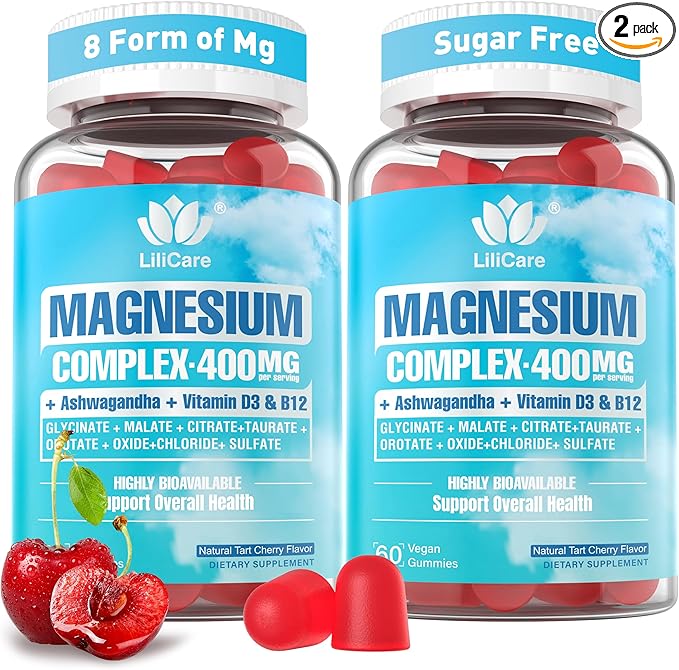 Magnesium Complex Gummies for Women Men 400mg, 8 Forms of Magnesium Glycinate, Citrate, Malate - Sugar Free Calm Magnesium Gummies Supplement with Magnesium Ashwagandha, D3, B12 for Relax,Vegan,120Cts