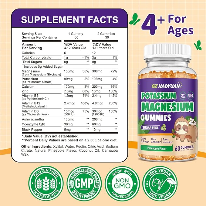 2 Pack Magnesium Glycinate Gummies for Kids - Magnesium Gummies with Vitamin D3, B6, Potassium & Ashwagandha for Kids & Adults Relaxation, Sleep, Brain & Bone Health -Sugar Free Pineapple Flavor 60 ct