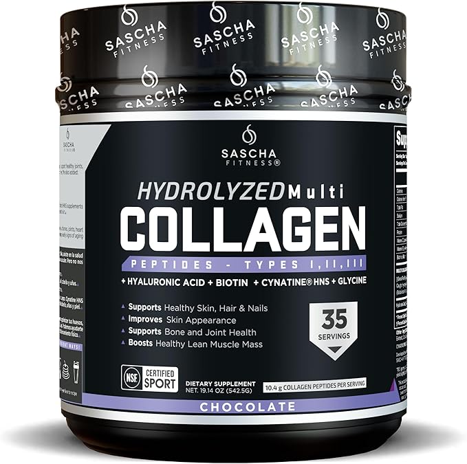 SASCHA FITNESS Hydrolyzed Multi Collagen Peptides Tipes 1,2 & 3 |Hyaluronic Acid|Biotin Cynatine HSN|Vitamin C & E |for Hairs, Skin & Bone Support|Chocolate Flavor