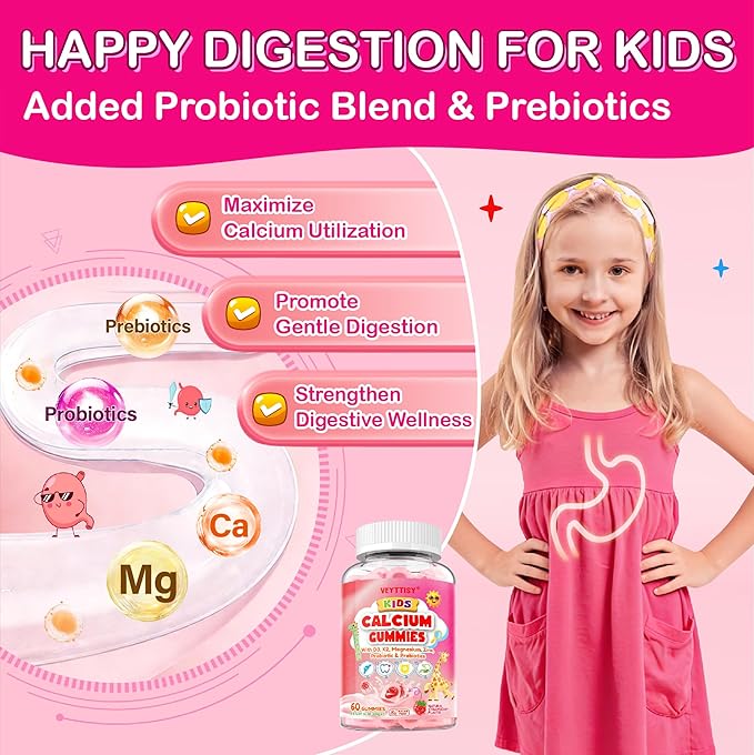 Kids Calcium Gummies with D3 & Magnesium for 4+: Sugar Free Calcium Citrate with Vitamin D3, K2, Zinc, Probiotics & Prebiotics for Kids - Gluten Free, Non-GMO,Vegan, Natural Strawberry Flavor