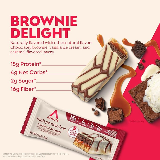 Atkins High Protein Bars, Brownie Delight Flavor, 15g of Protein, 4g Net Carbs, Keto Protein Bars, Low Sugar, 4 Count