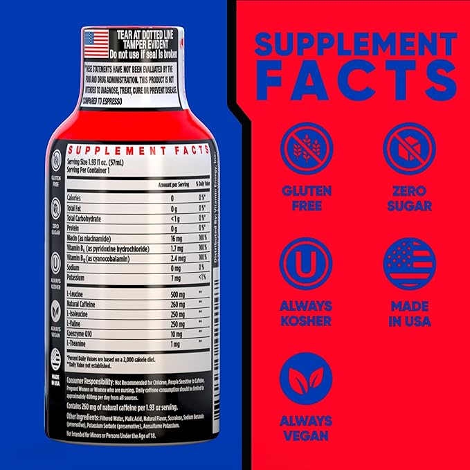 Vitamin Energy Focus+ Extra Strength Energy Shot Tropical Infusion 48 Pack, 260mg Natural Caffeine, B-Vitamins, CoQ10, Amino Acids, Focus, Productivity & Clarity, Zero Sugar, Gluten-Free, 1.93 fl oz