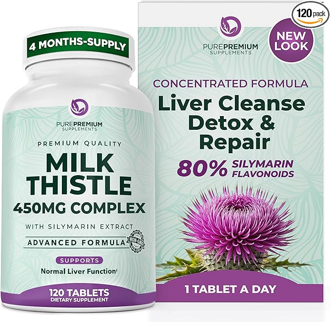 PurePremium Milk Thistle Supplement – Liver Cleanse Detox & Repair, 80% Silymarin Standardized Extract – 450mg Complex Supports Normal Liver Function – Non-GMO, Gluten-Free - 120 Supply