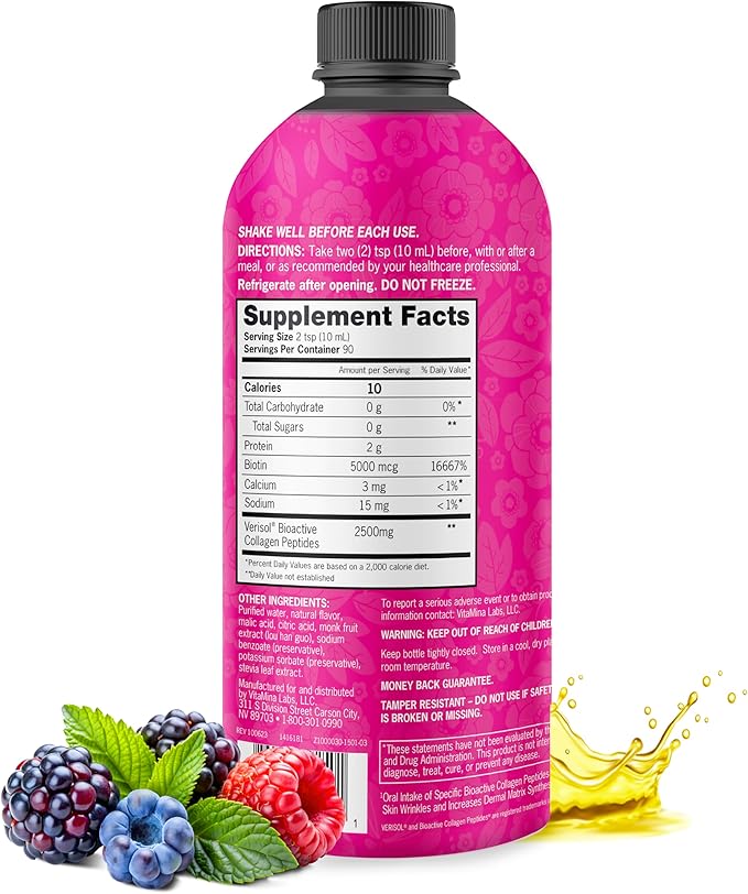 Zena Nutrition Liquid Collagen Peptides and Biotin, 2500mg Verisol Bioactive Collagen Peptides, 5000mcg Biotin, Hair, Skin, Nail Supplement for Women and Men, Mixed Berry, 90 Servings, 30 fl oz