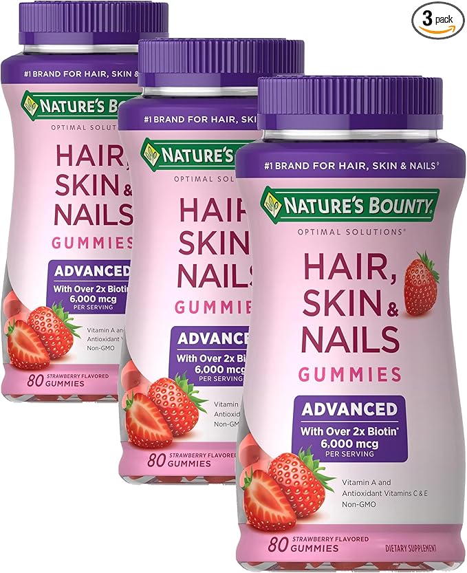 Nature's Bounty Optimal Solutions Advanced Hair, Skin, Nails, 2X Biotin, 80 Strawberry Gummies, 40 Total Servings (Pack of 3)