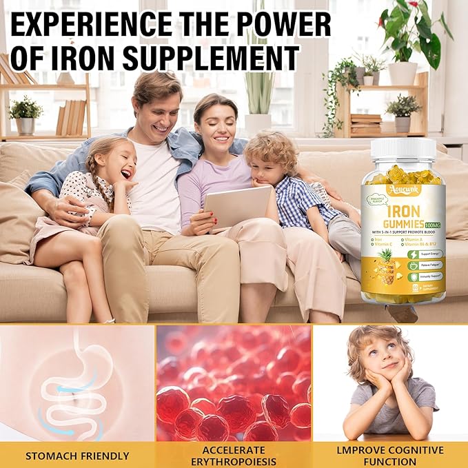 2 Packs 100MG Iron Supplements Gummies for Women & Men - Contains Vitamin C, A, B - Suitable Adults & Kids, Iron Deficiency, Immune & Energy Support, Pineapple Flavor, Non-GMO, 120 Counts