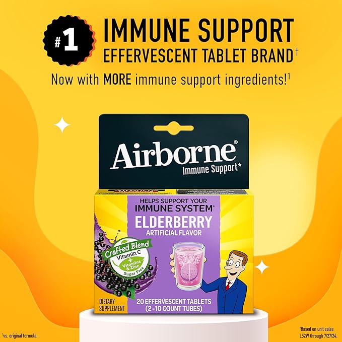 Airborne Elderberry Extract + Vitamin C 1000mg (per Serving) - Effervescent Tablets (20 Count in a Box), Gluten-Free Immune Support Supplement, with Vitamins A C E, Zinc, Selenium, Sugar Free