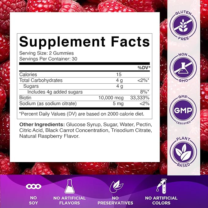 Vitamatic Biotin Gummies 10,000 mcg for Stronger Hair, Skin & Nails - 60 Vegan Gummies - Also Called Vitamin B7 (6 Bottles)