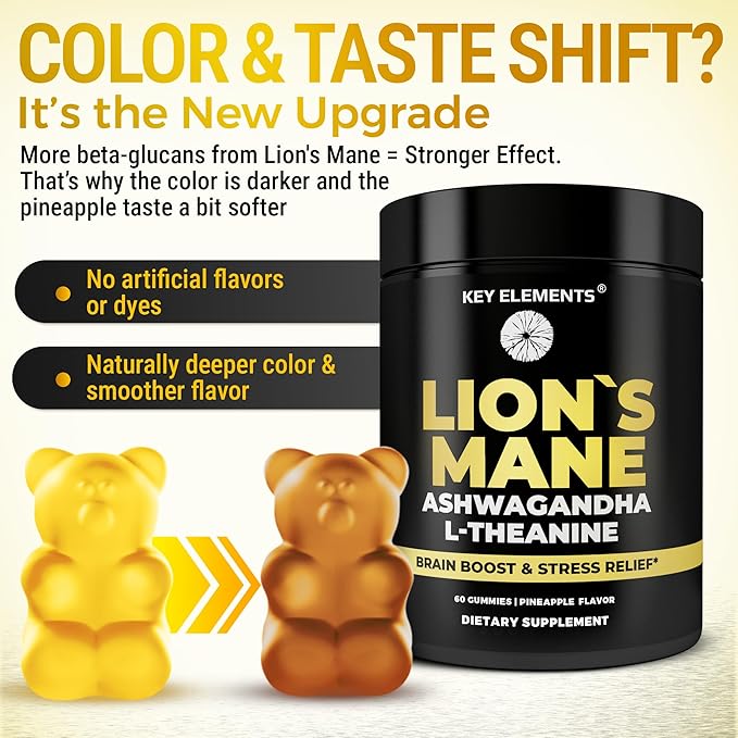 High Strength Extract Organic Lion's Mane Mushroom Gummies with Ashwagandha & L-Theanine - Potent Lion's Mane Brain Supplements for Memory & Relaxation - Mushroom Gummies for Focus