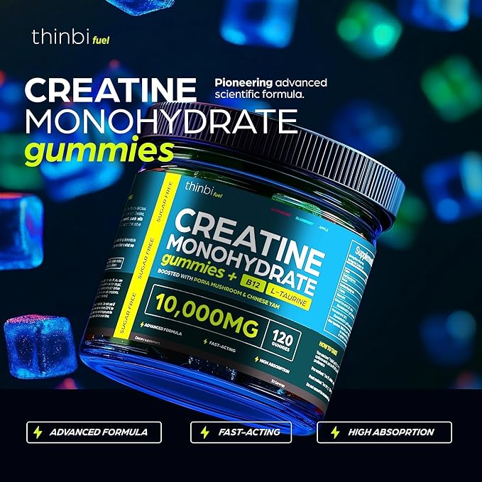 Thinbi Creatine Gummies Monohydrate Complex 10,000mg for Men & Women -120 Gummies Advanced Formula W/L-Taurine + Vitamin B12 for Muscle Strength, Muscle Builder, Energy Boost, Pre-Workout Supplement