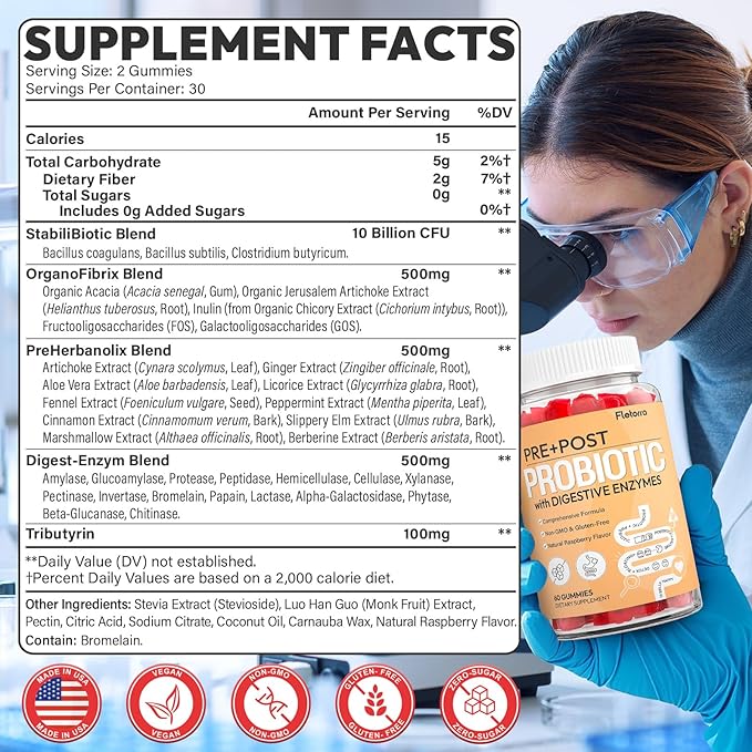 Probiotics for Women and Men, with 15 Prebiotics, 16 Digestive Enzymes & Postbiotics - Probiotics for Digestive Health & Bloating, Probiotic Gummies for Gut Health & Immunity, Sugar-Free, 60 Gummies