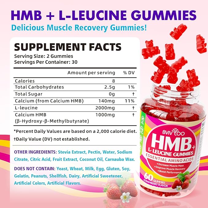 HMB and L-Leucine Gummies - 3000mg Combined HMB & L-Leucine per Serving. for Muscle Growth, Muscle Relief & Fast Recovery. Sugar-Free, Strawberry, 120 Gummies