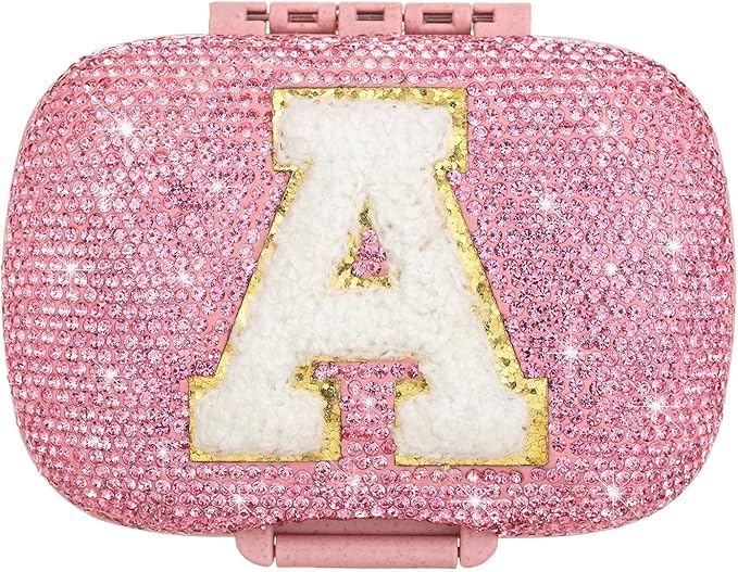 Cute Pill Organizer Small Bling Pill Case for Purse Medicine Vitamin Container Holder Daily Pill Box Container for Women Travel Medicine Kit(Letter A Pink)