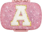 Cute Pill Organizer Small Bling Pill Case for Purse Medicine Vitamin Container Holder Daily Pill Box Container for Women Travel Medicine Kit(Letter A Pink)