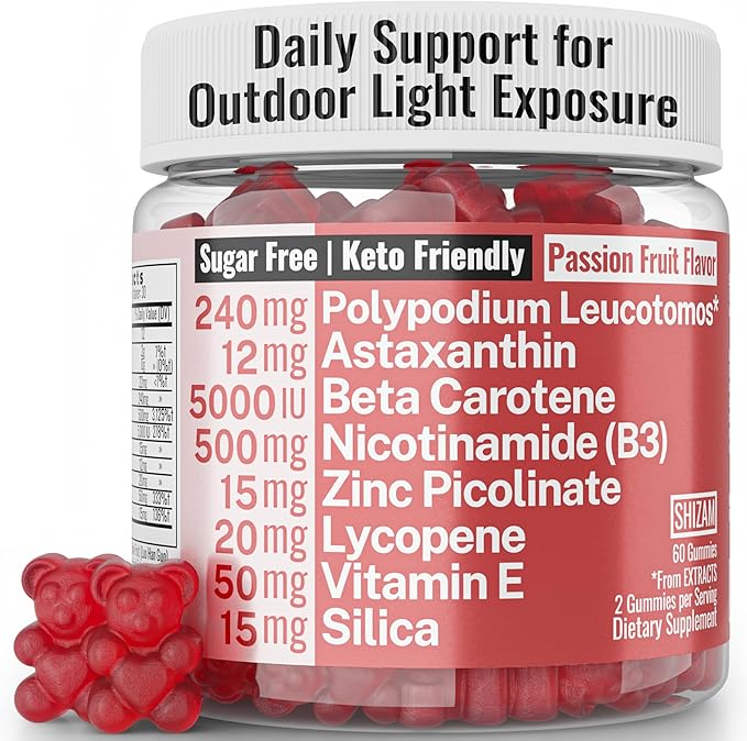 SHIZAM Astaxanthin Polypodium Leucotomos Zinc Picolinate Lycopene Vitamin E B3 Nicotinamide Silica Gummies