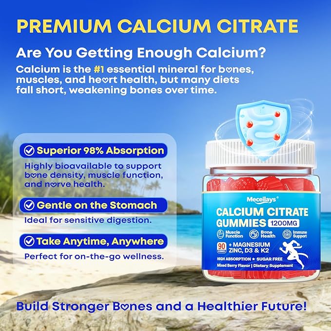 180 Count Calcium Citrate Gummies 1200 mg with Vitamin D3, K2, Magnesium & Zinc, High Absorption Calcium Supplements for Women & Men for B0ne, Muscle & Immune Support, Sugar Free, Mixed Berry Flavor