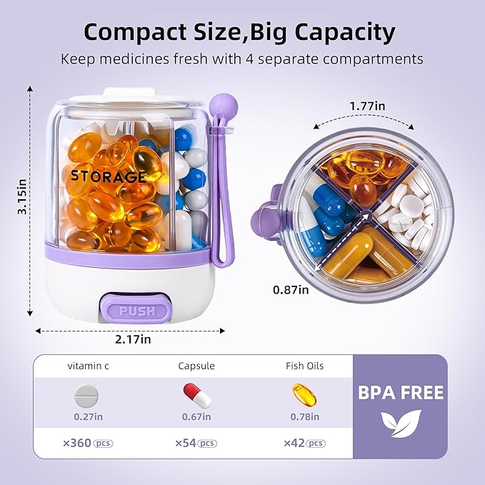 4 Compartments Pill Bottle Organizer, Anti-Mix Travel Pill Dispenser with Safety Lock, Pill Case with 16pcs Labels, Cute Pill Organizer for Seniors, Caregivers & Daily Vitamin Management(Purple)