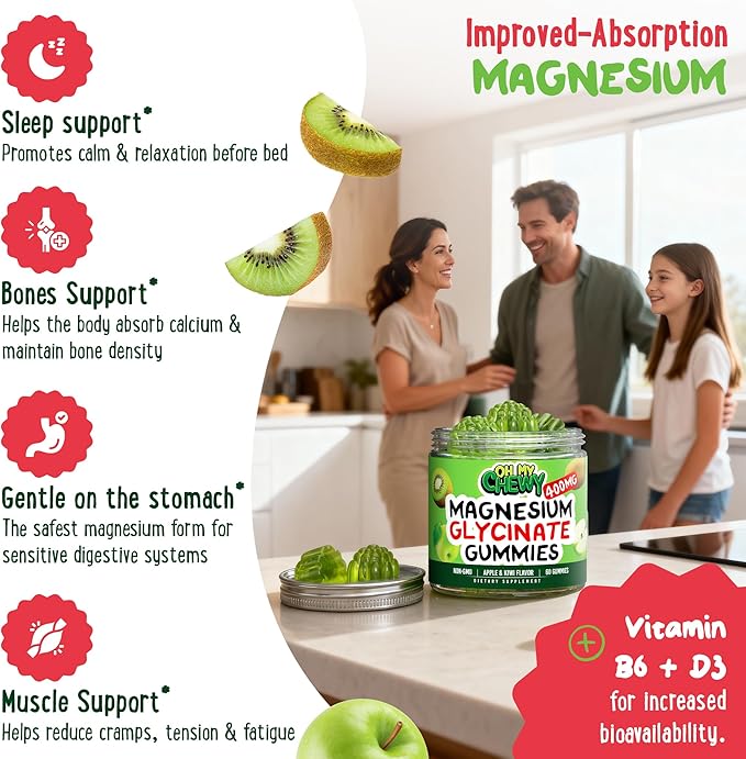 Center-Filled Magnesium Glycinate Gummies 400MG - High Absorption for Kids, Teens & Adults - Supplement for Sleep, Calm & Muscle Relaxation with B6 & D3 - Gluten Free & Vegan Friendly - 120 Count