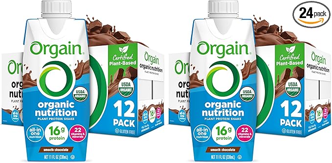 Orgain Organic Nutritional Vegan Protein Shake, Smooth Chocolate - 16g Plant Based Protein, Meal Replacement, 22 Vitamins & Minerals, Fruits & Vegetables, Gluten Free, Non-GMO, 11 Fl Oz (Pack of 24)
