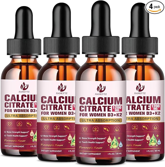 (4 Pack) Calcium Citrate with Vitamin D3 Liquid Drops for Women - Bones, Teeth, Immune Support, 1200mg Calcium Citrate Liquid Drops with Vitamin D3 K2, Vegan, Sugar-Free, 1 Fl Oz