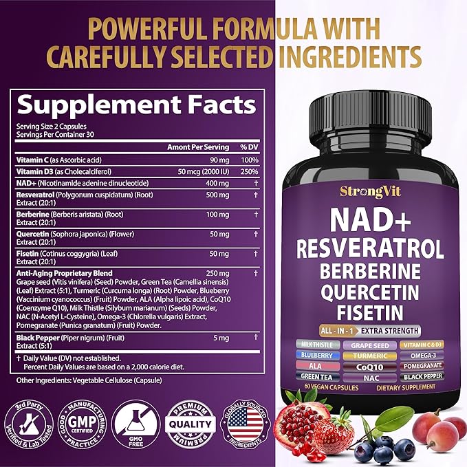 NAD Resveratrol Supplement for Women & Men. Support Cellular Health, Energy + Healthy Aging. Advanced Formula, Plus Third-Party Lab Tested in USA (60 Capsules)