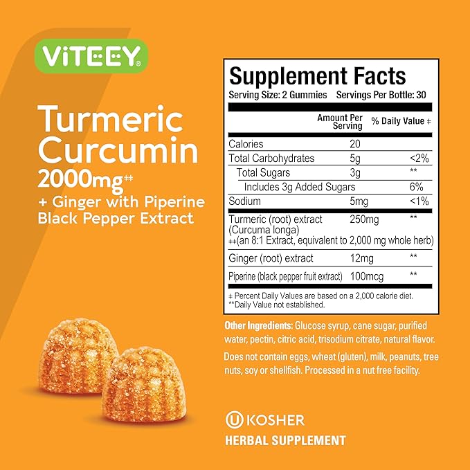 Viteey Turmeric Gummies with Turmeric Curcumin, Ginger & Black Pepper Extract - Immune Support, Healthy Skin, and Joint Health - Vegan, Gelatin Free, GMO Free - Tasty Chewable Peach Flavored-60 Count