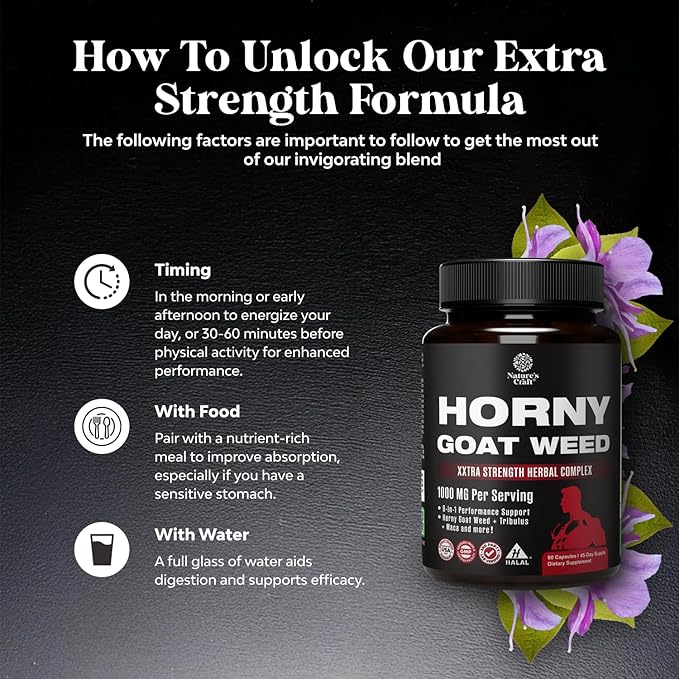 Natures Craft Horny Goat Weed for Men - Extra Strength Male Supplement with Black Maca Root, Tongkat Ali, Saw Palmetto & Panax Ginseng Extract for Stamina & Energy - 90 Count