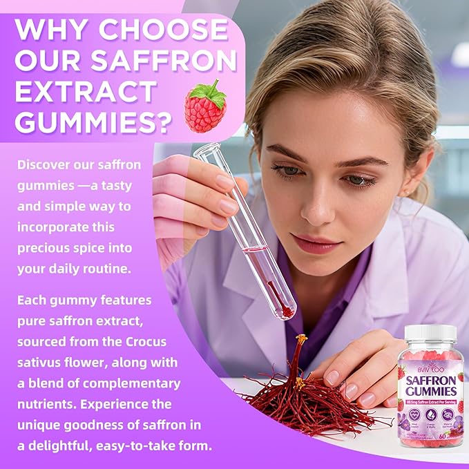 Saffron Gummies for Adult Kids, 10-IN-1 Formula with Saffron 88.5mg, Vitamins D3 & B6, Magnesium, Zinc, Ashwagandha, L-Theanine, St. John's Wort - Supports Mood & Focus, Raspberry Flavor, 120 Count
