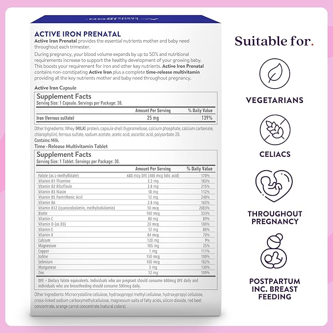 Active Iron Supplement 25mg + Prenatal Multivitamin, Clinically Proven to Increase Iron & Reduce Tiredness, Maximum Absorption, Gentle, Non-Constipating, 30 Capsules + 30 Time Release Tablets