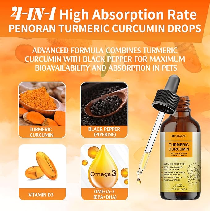 Turmeric Curcumin Drops for Dog & Senior Dogs: Anti-inflammatory Pain Relief, Eliminates Joint Pain, Improve Joint Mobility,Brain, Liver, Bone, Muscle, Skin&Coat - Liquid Absorb Better